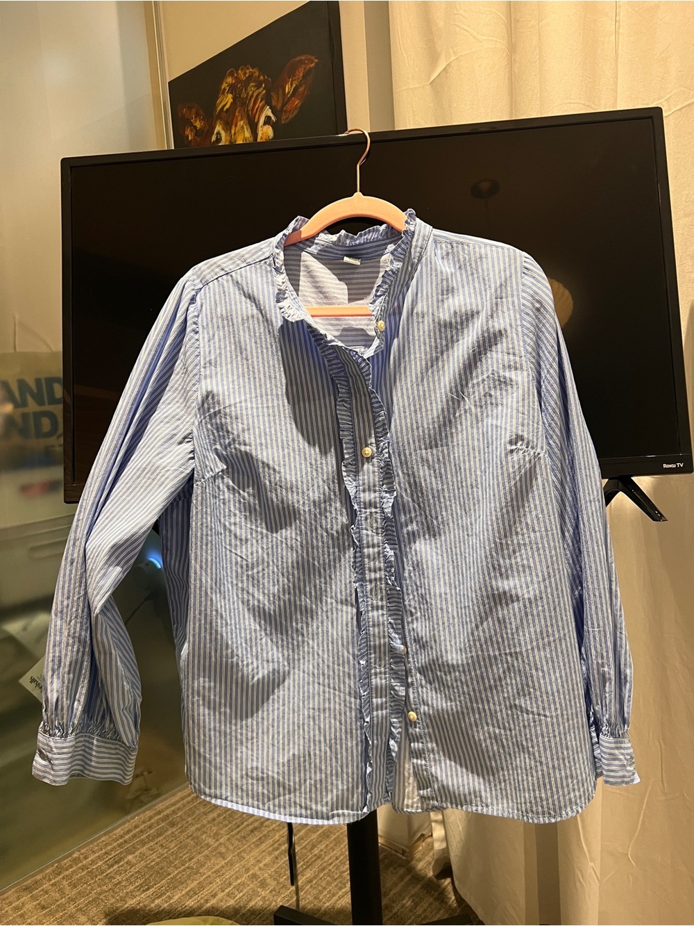 Old Navy Blue and White Striped Women’s Button-Down Shirt